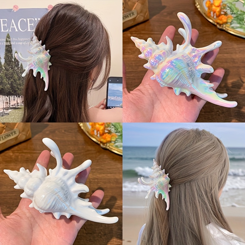 1pc Ocean Series Simulated Conch Hair Clip - White and Colorful Stripes,a must-have for casual,travel,beach photos,and beachwear