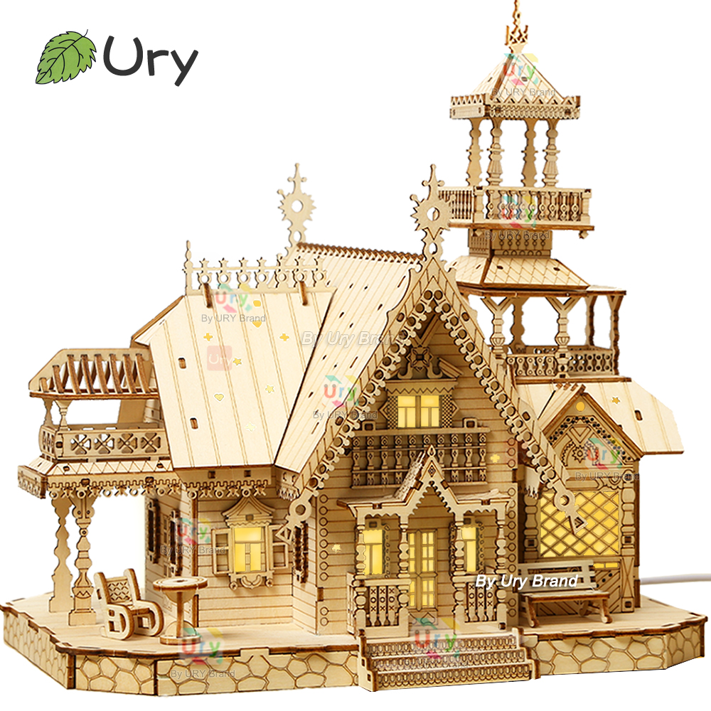 3D Wooden Puzzle Villa House Royal Castle with Light Assembly Toy Kid DIY Model Kits Desk Decoration for
