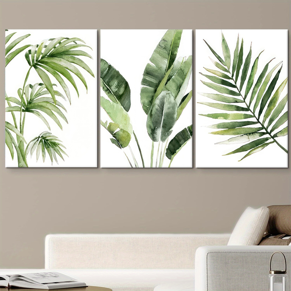 3 Modern Minimalist Green Plant Canvas Decorative Paintings, Tropical Style Green Plant Leaf Art Paintings, Nordic Style Wall De