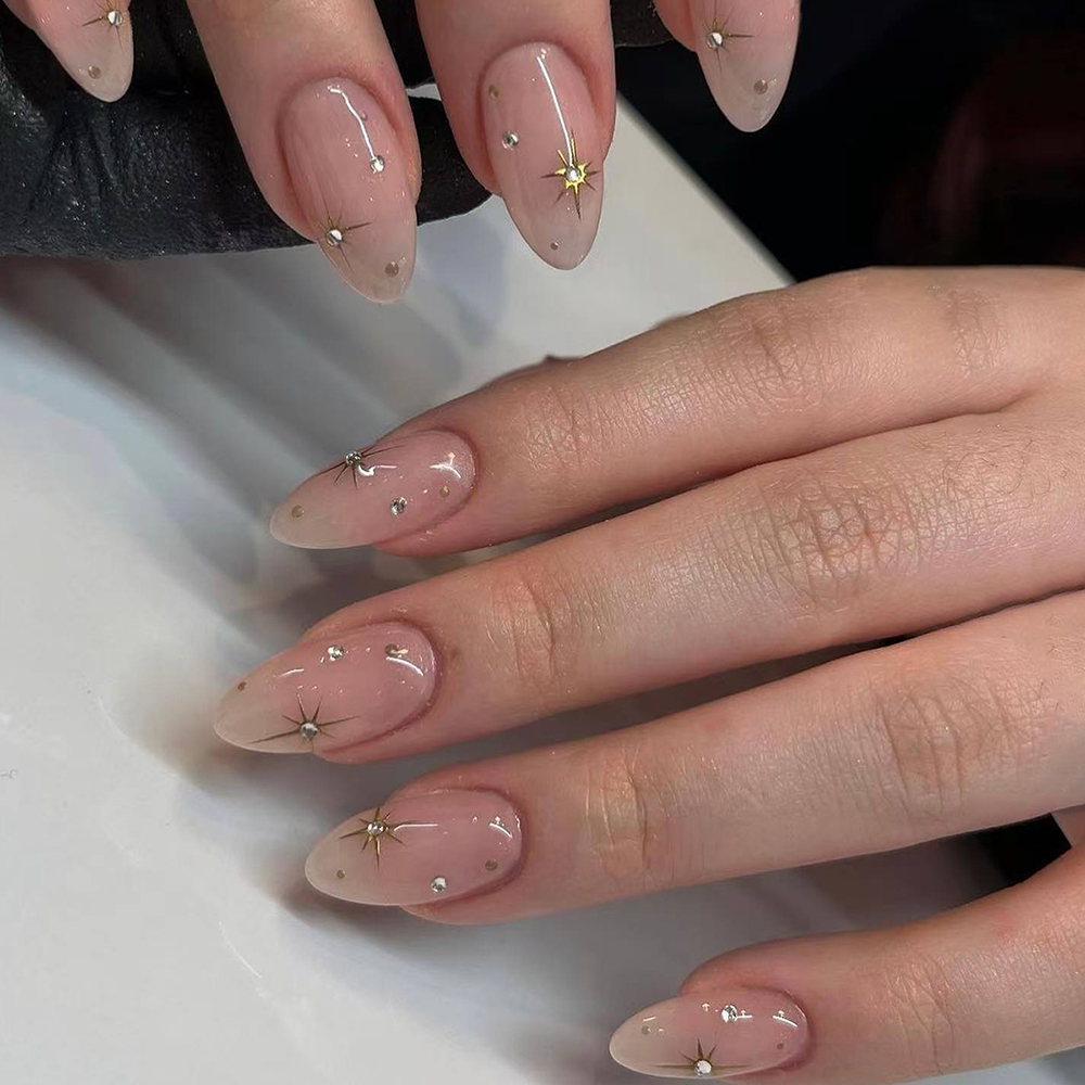 24Pcs y2k Long almond Press on nails Stars and rhinestones design medium full fit Acrylic fake nails set, contain 1pcs Jelly Glu