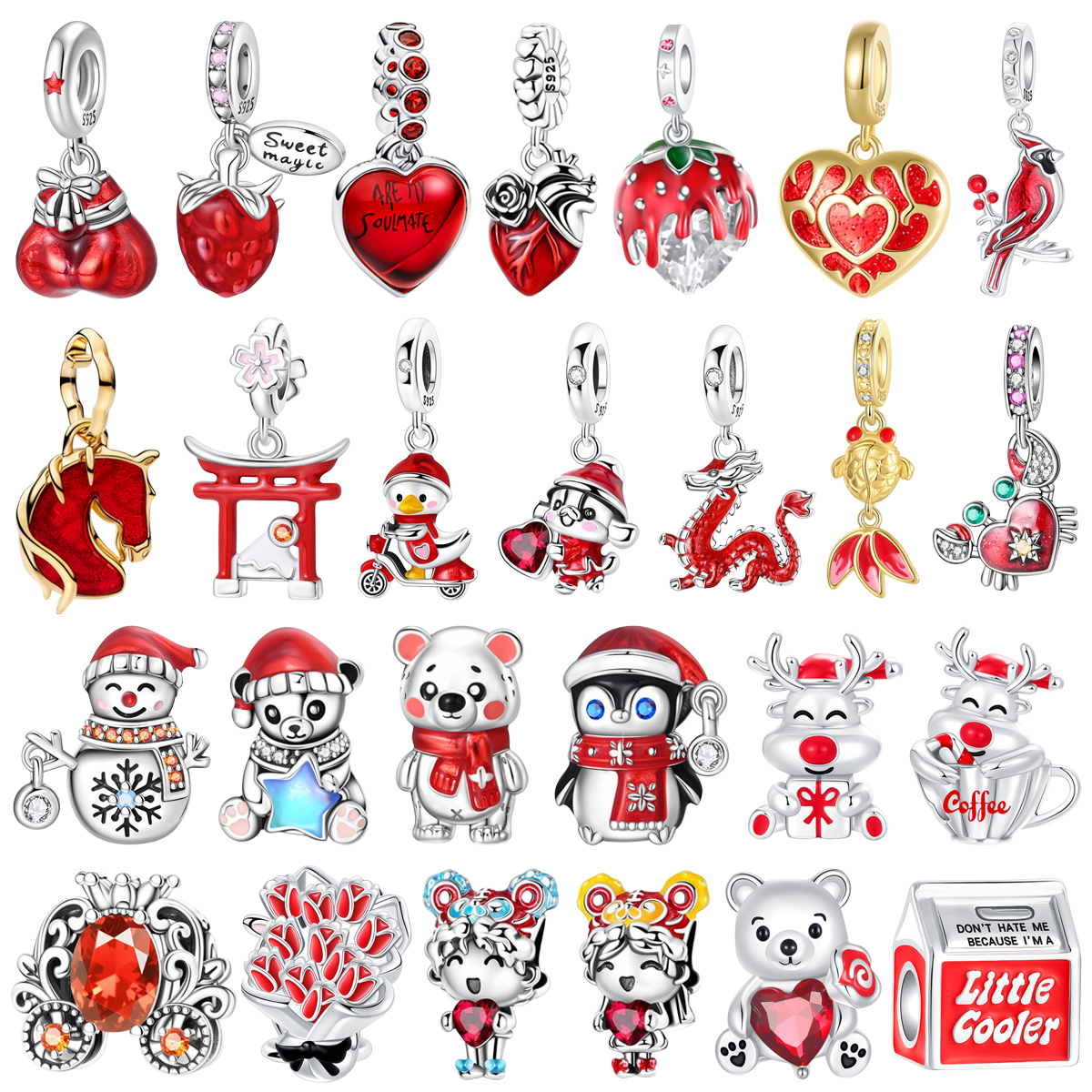 Original 925 Sterling Silver Red Heart-shaped Cute Cat Deer Bear Bead Pendant fit Women DIY Bracelet Necklace Fine Jewelry