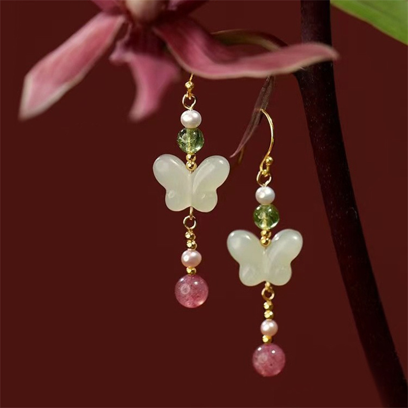 Chinese Style Handmade Butterfly Dangle Earrings For Women Girls Golden Color Long Metal Ear Hook Earrings