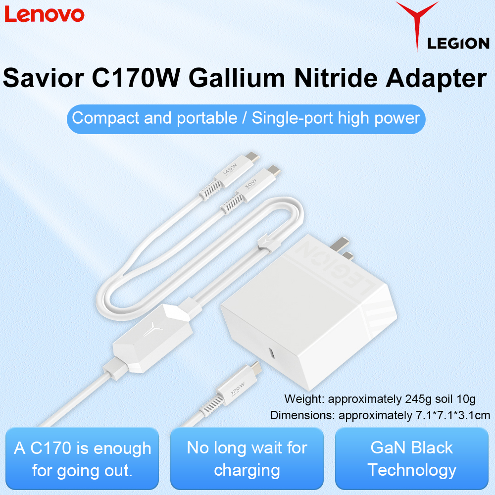 Legion C170W Gan Charger Cto2C Cable One to Two Y Splitter Usb-C Fast Charging 140W+30W for Laptops Phones