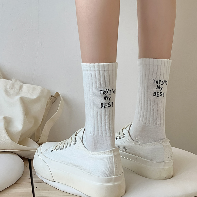 Women Crew Socks New Spring Summer Japanese Style Letter Embroidery Sports Socks Women's Breathable Girls White Socks