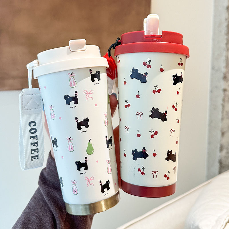 Floral Kitten Design 550ml Dual-Drink Vacuum Insulated Cup, Large Capacity plastic Water Bottle Outdoor Tableware