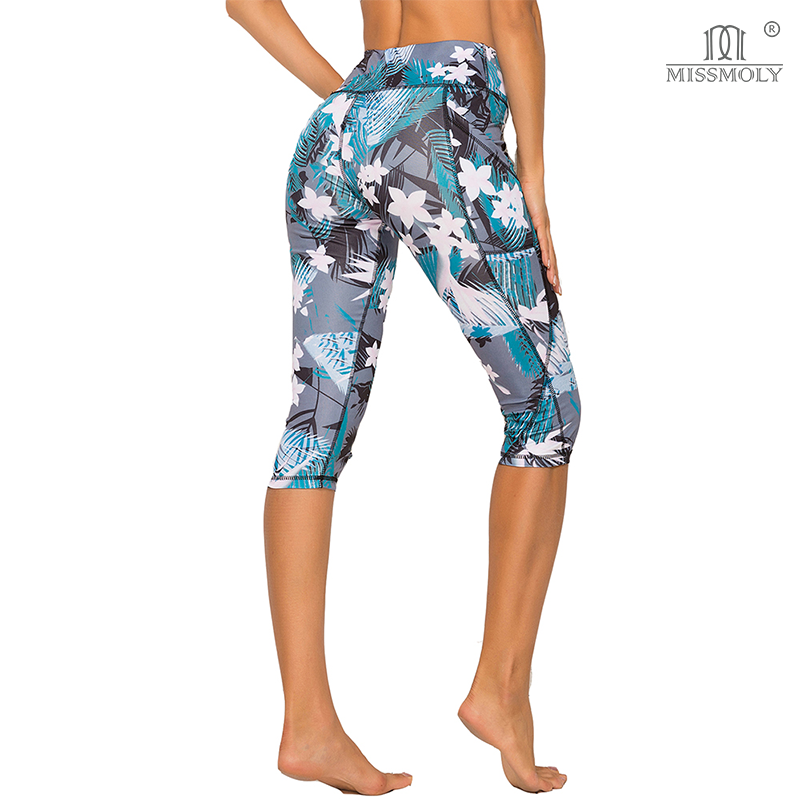 Miss Moly Women 3/4 Yoga Pants Pockets Capris Pant Fitness Gym High Waist Leggings Black Flower Printing Cropped Sport Pant