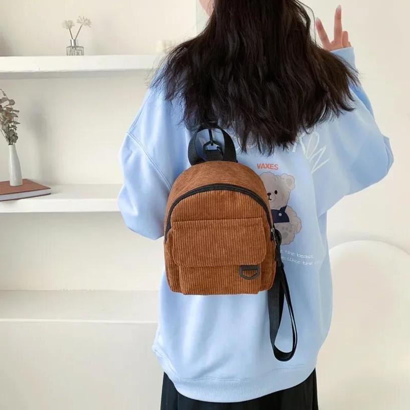 1Pc New Korean Style Casual Versatile Simple Retro Corduroy Solid Color Backpack Japanese Women's Fashion Student Bag Daily Bag