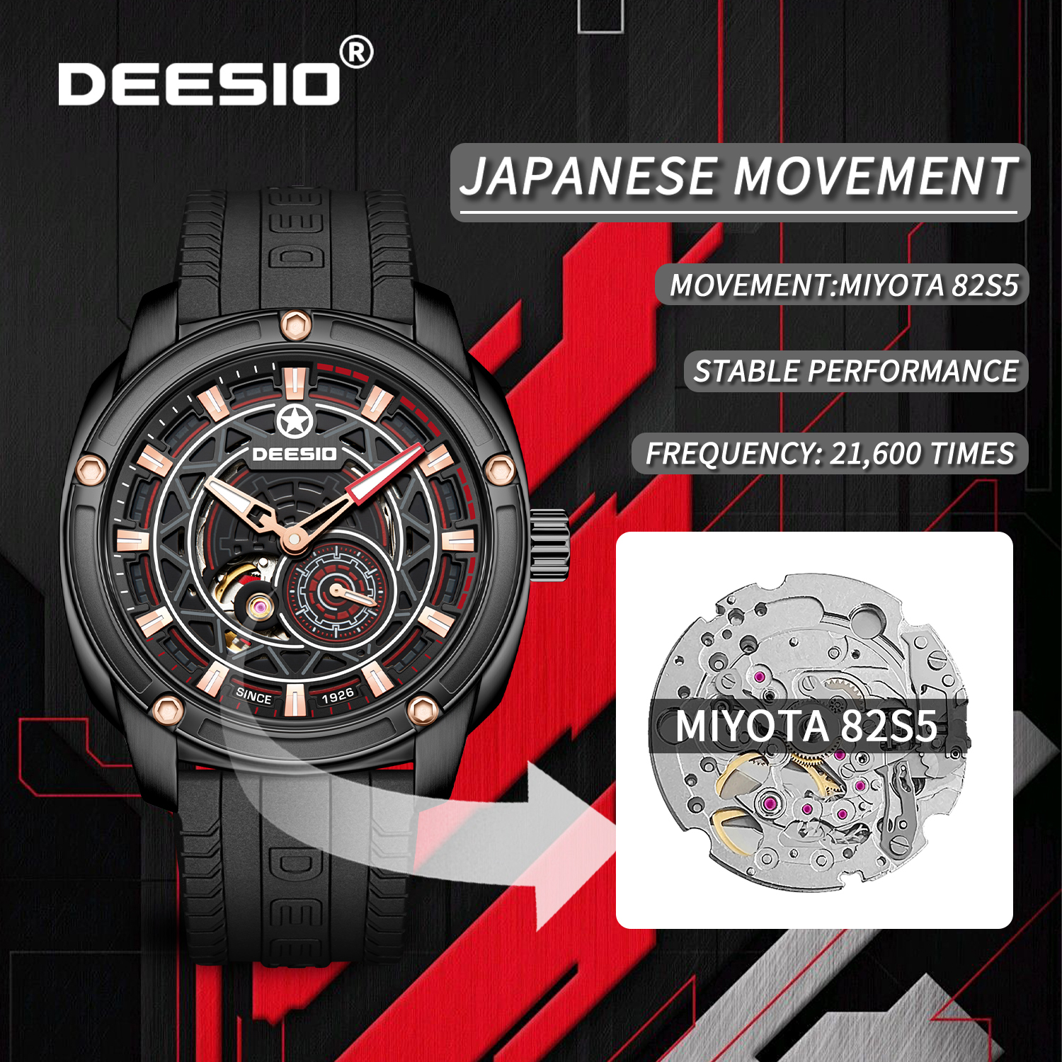 Deesio Men's Automatic Watch Japan Movement Miyota 82S5 Luminous Self-Wind Mechanical Watch Waterproof 5ATM Stainless Steel Gift