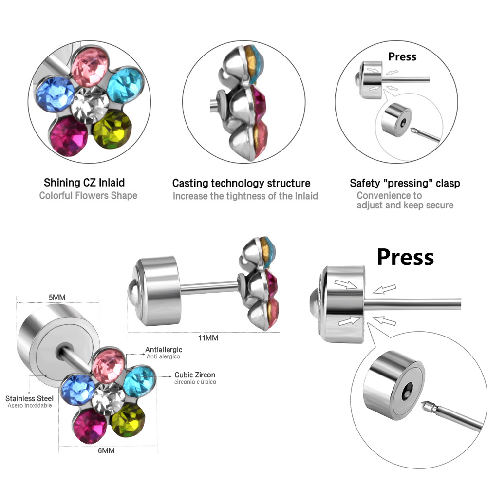 LUXUSTEEL Cute Baby Kids Girls Stud Earrings Stainless Steel Colorful Cubic Zircon Flower Anti-allergy Jewelry