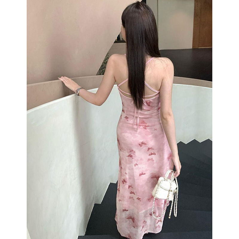 Women Sweet Slip Long Dress Lady Elegant Pink Butterfly Backless Dress Female Romantic Party Date Vacation Dresses