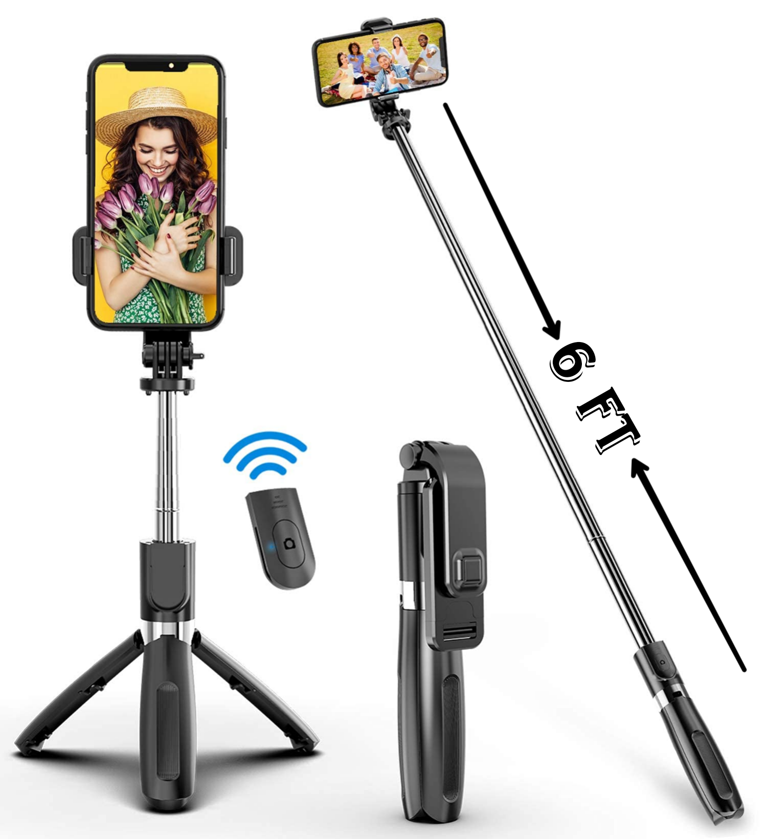 6 Feet Long Bluetooth Selfie Stick with Tripod -3 in 1