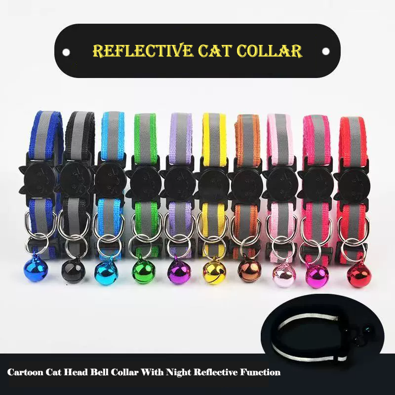 Reflective Cat Collar With Bell Cartoon Cat Head Safety Buckle Nylon Pet Collar Puppy Kitten Collar For Daily Night Walk