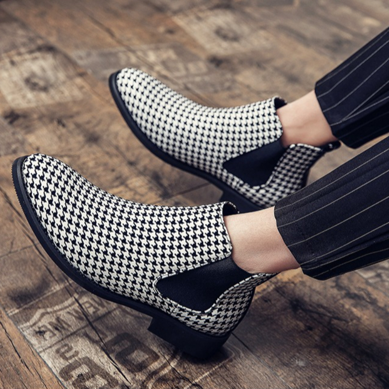 Men's Leather Boots with Pointed Toes Multi-color Checked Pattern High-top Style One-piece Slip-on High Quality Fashion Boots