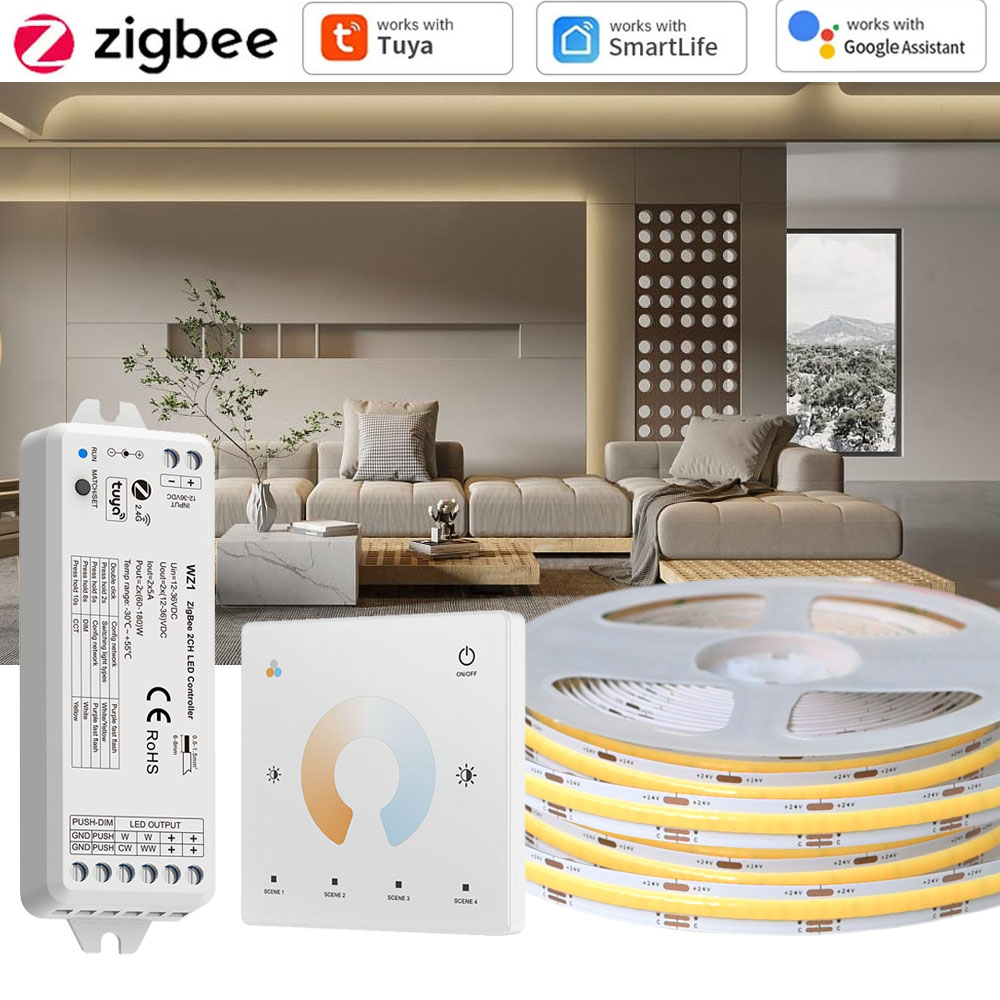 10M 20M Tuya Zigbee 3.0 COB RGB+CCT LED Strip 24V Dimmable Room Liner Light RF Touch Remote Control for Alexa Assistant