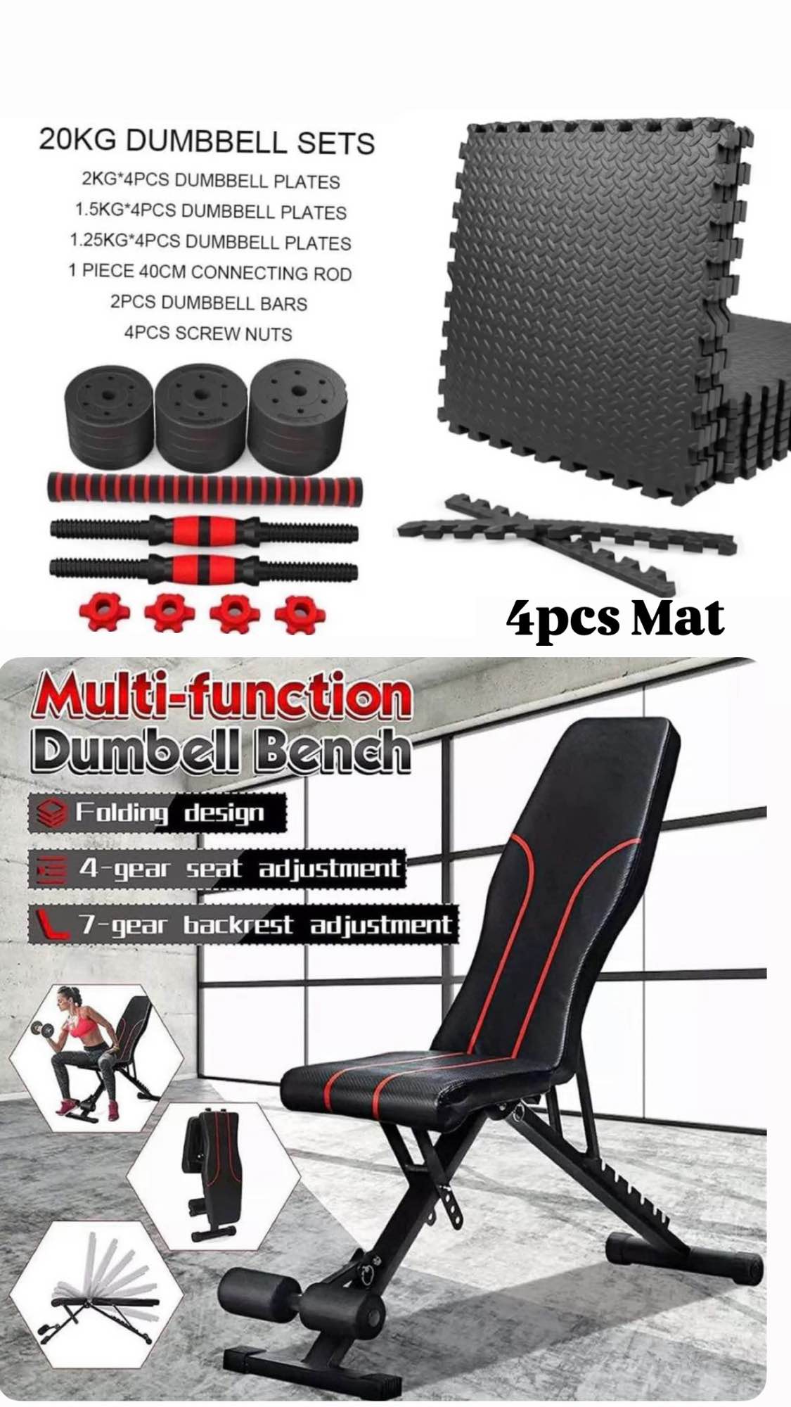 Home Gym Combo Set (20KG Dumbbell Set + Multi-function Dumbbell Bench + 4pcs Mat )