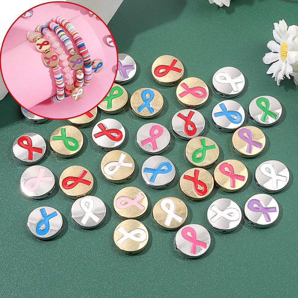 2/7/15pcs Multicolor Round Ribbon Shaped Decorative Beads Breast Cancer Prevention Month for Diy Decoration Accessories