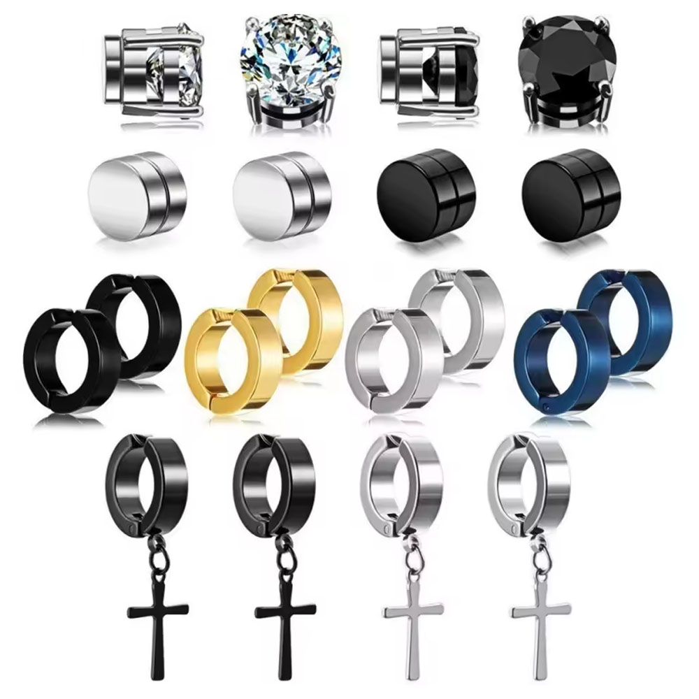 1/10 Pairs Punk Mens Magnet Magnetic Ear Stud Set, Non Piercing Cross Clip-on Earrings Suitable Gifting Boyfriend Lover Jewelry