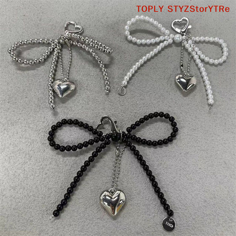 Trendy Heart Pendant Keychain with Bowknot Beaded Phone Lanyard Attractive Handbag Decorations Gifts