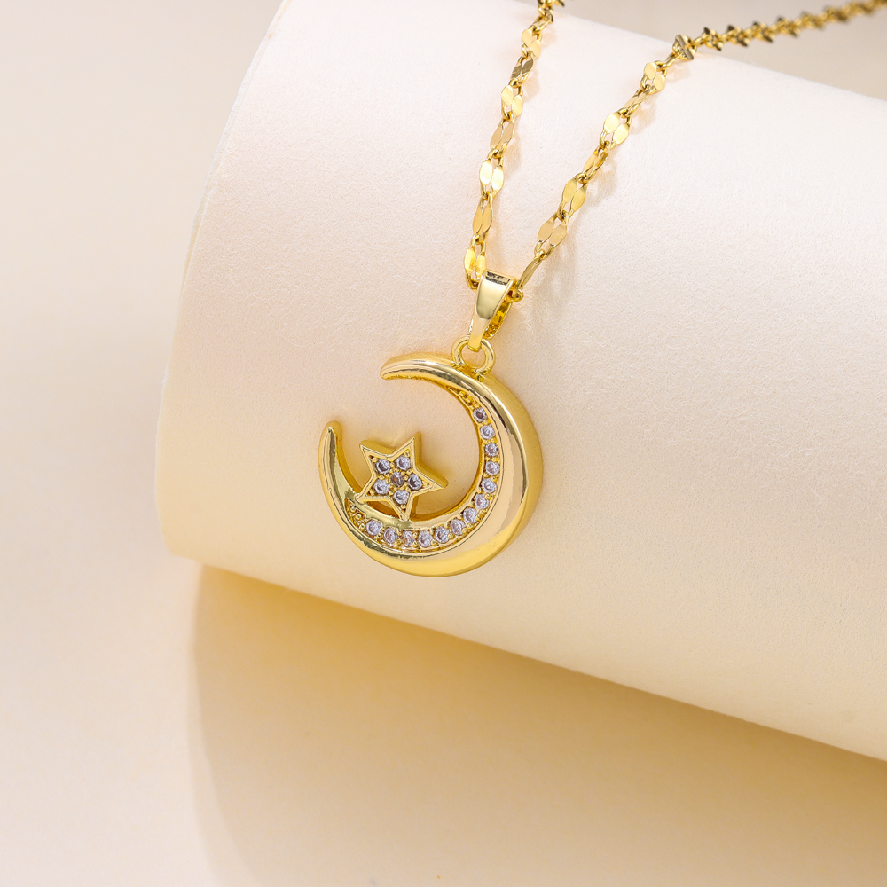 New Cute Zircon Crystal Star Moon Necklaces For Women Trend Female Stainless Steel Clavicle Chain Jewelry Girls Party