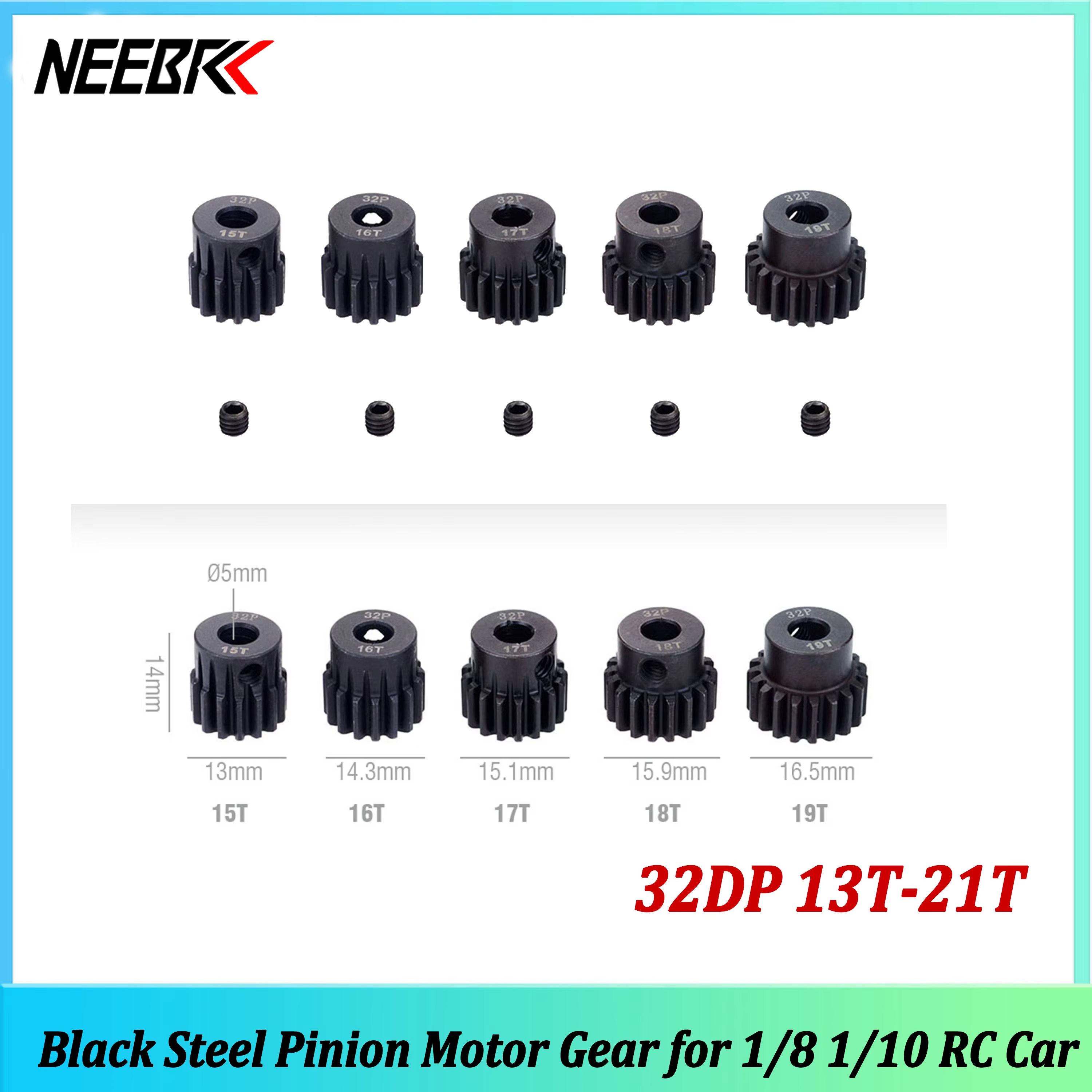 NEEBRC 32DP 5mm Metal Pinion Motor Gear 13T 14T 15T 16T 17T 18T 19T 20T 21T for 1/8 1/10 RC Car Wltoys WPL Traxxas Tamiya