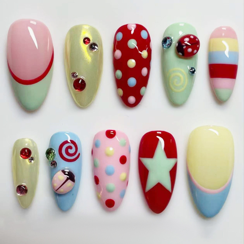 24pcs Flower Fake Nails Sets Polka Dot Stick on Nail Long Almond French Press on Nails Acrylic Summer Cute Ladybug False Nail