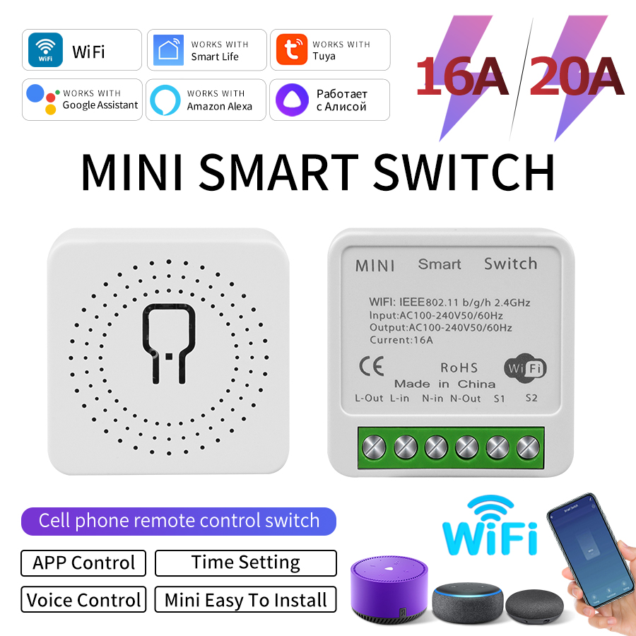 Tuya Mini WiFi Relay Smart Switch 16A 2-way Control Supports Alice, Alexa, Home Smart Life Applications