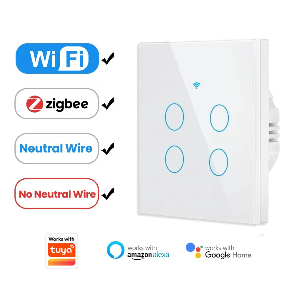Works with Tuya APP Wifi/Zigbee RF433 EU Smart Wall Switch Touch Sensor Button No-Neutral Wire,Voice With Alexa Home