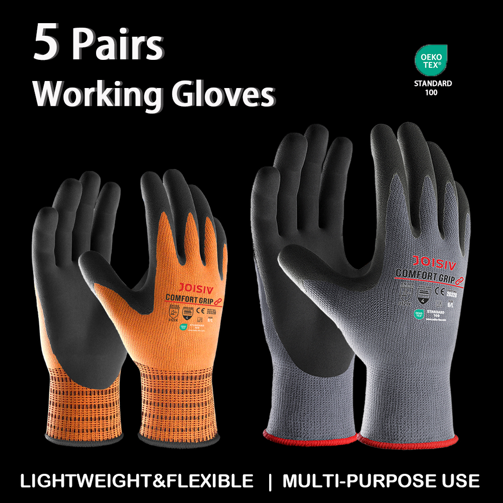 5 Pairs Heavy-Duty Nitrile Coated Work Gloves Non-Slip Lightweight Durable Breathable for Construction Auto Repair Gardening