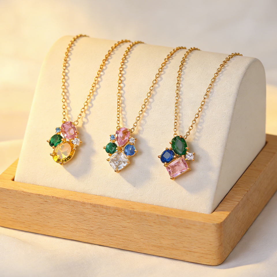 ZAKOL Cute Romantic Geometric Colorful Zircon Pendant Necklace for Women Girls Shiny Crystal Holiday Jewelry s 2026 New