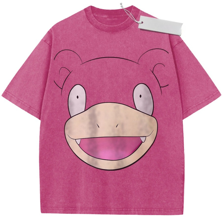 2026 Summer Men's Beige Washed T - Shirt Pokemon Slowpoke Big Face High - Quality Fabric for Casual Shopping