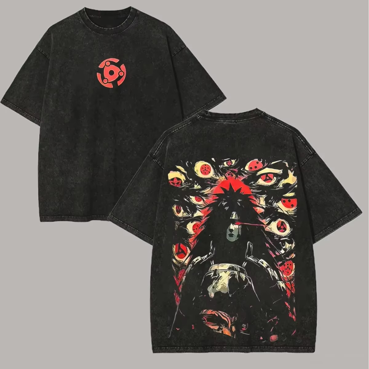 2026 Uchiha Itachi T-Shirt, Naruto Shippuden, Retro Wash, Back Print, Sharingan Pattern, 100% Cotton, Comfortable and Loose Fit