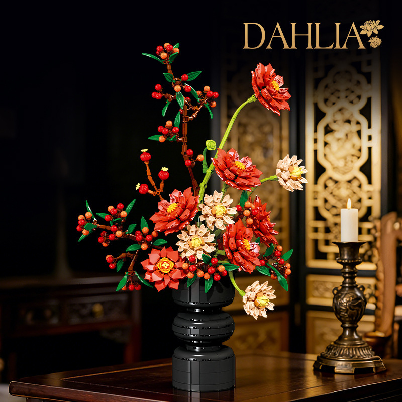 Realistic Dahlia & Vase Building Blocks - 3D Floral Arrangement Set, DIY Ornament & Puzzle Toy