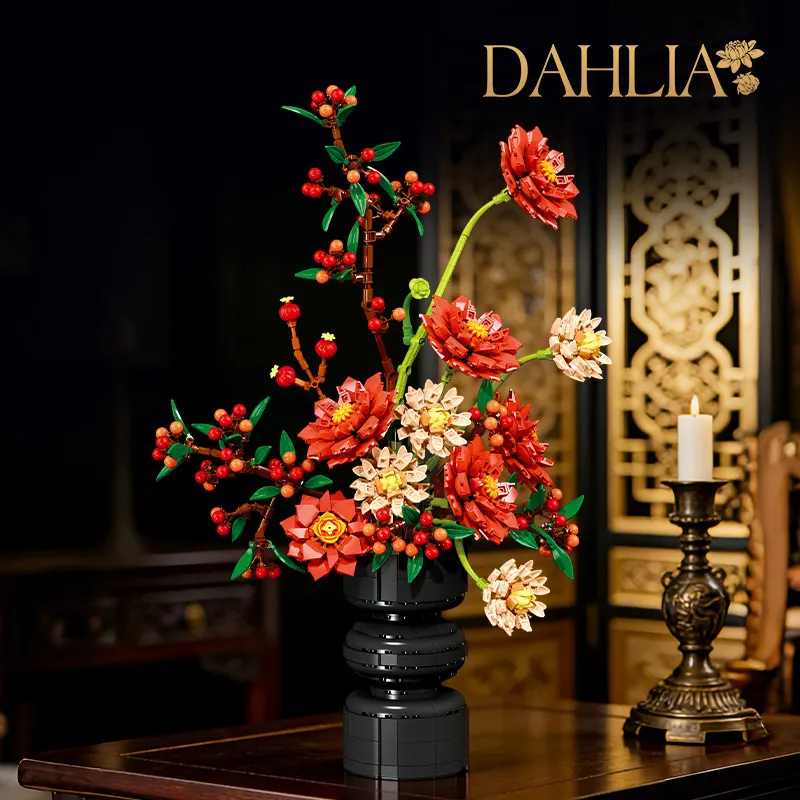 Realistic Dahlia & Vase Building Blocks - 3D Floral Arrangement Set, DIY Ornament & Puzzle Toy