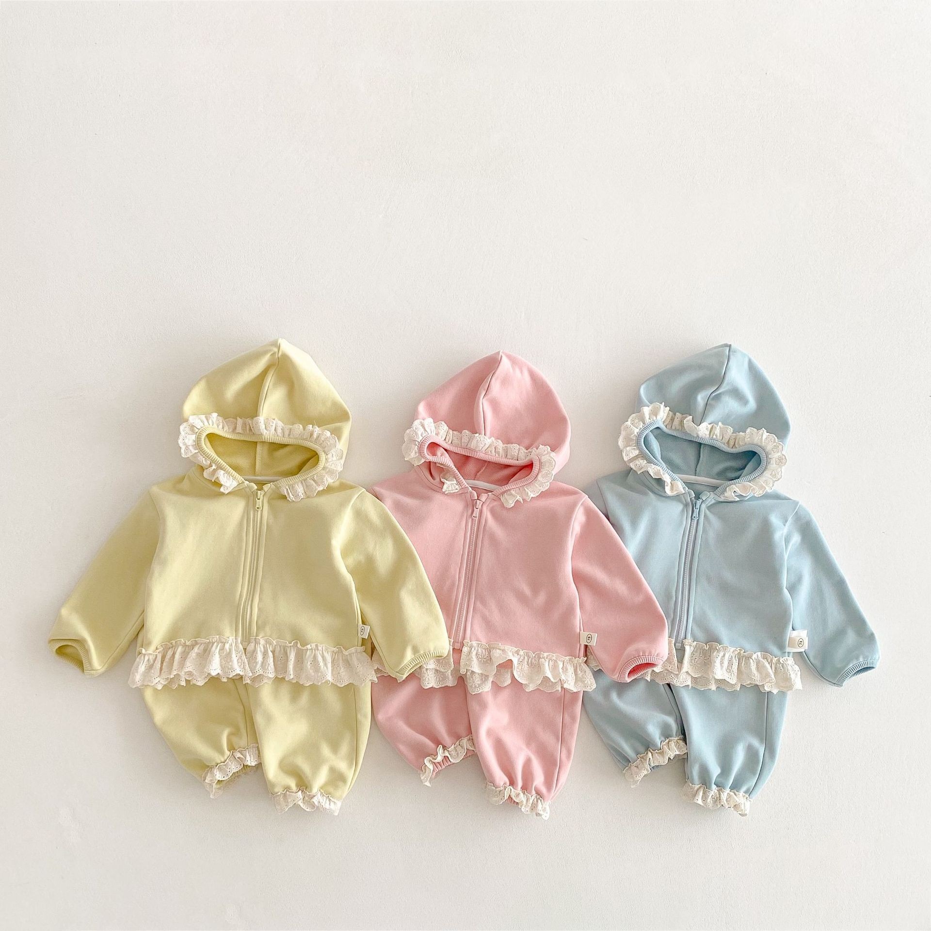 TZ250253 Girls' Korean Style Jacket New Spring 0-5 Years Baby Hooded Top Children's Lace Casual Pants Two-Piece Set