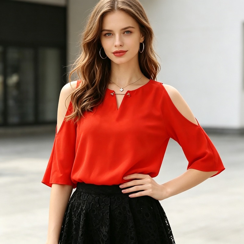 2026 Summer Elegant Off Shoulder Simple Solid Color Women's Blouse New Casual Slimming Versatile Commuter Chiffon Clothing
