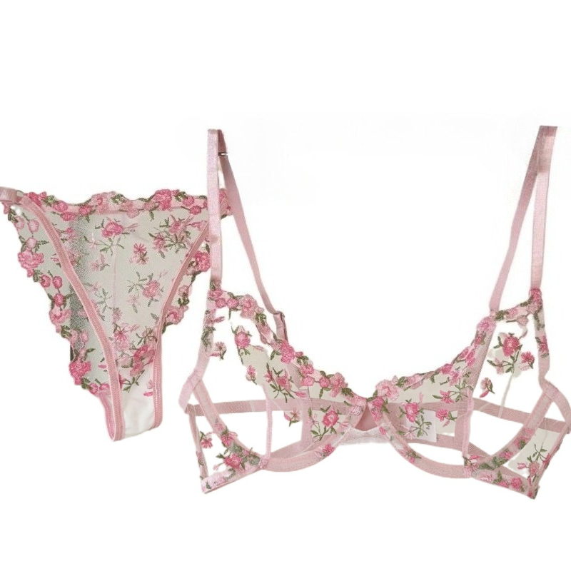 Romantic Floral Lingerie Set Women French Tulle Bra Embroidered Lace Underwear Sweet Sheer Pink Bralette Panty Set MOYISU