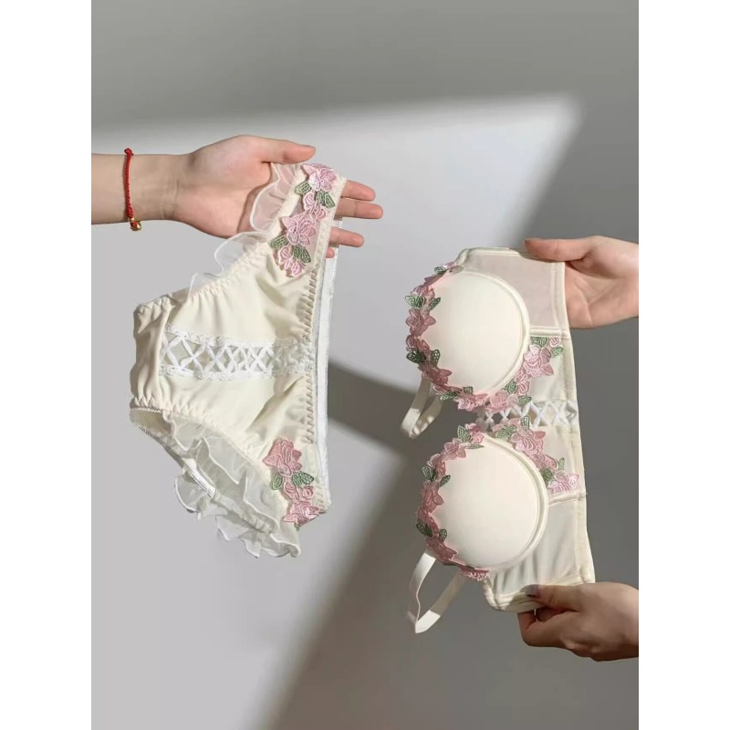 Sweet Innocent Japanese Style Lingerie Set Cute Soft Wireless Push Up Bra Gathered Cups Thin Fabric Summer Lightweight Underwear