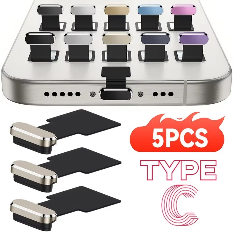 1/5PCS Metal Type-C Dust Plugs Self Adhesive USB C Charging Port Protectors Dustplugs for iPhone 17 15Pro Android Metal Stopper