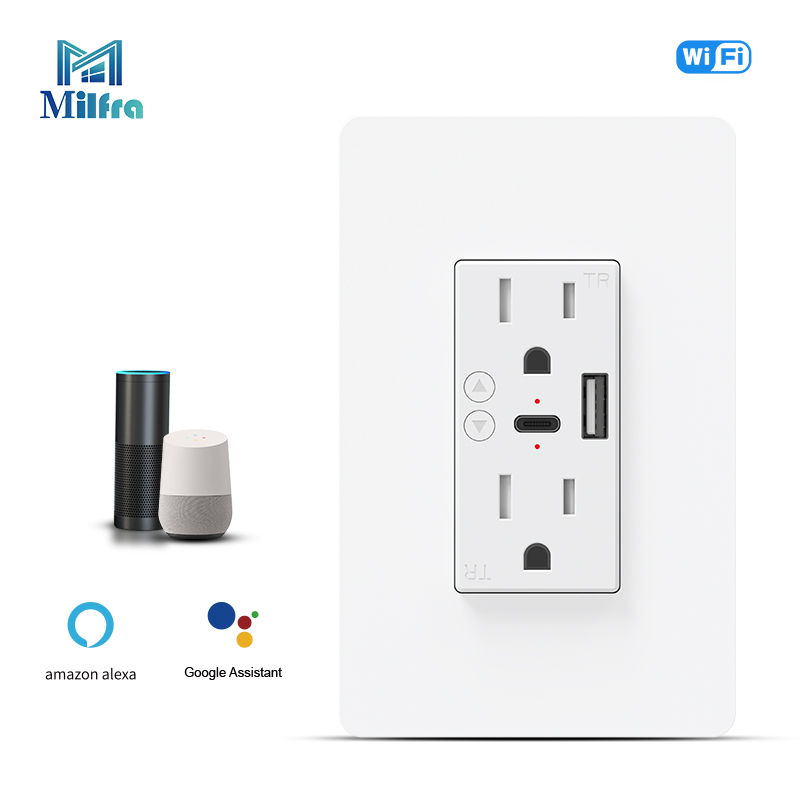Milfra Wifi Smart Socket Wall US Plug Power Outlet With USB Type C Charging Port ON/OFF Tuya Smart Life APP Voice Remote Control