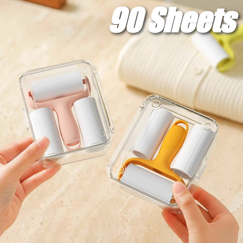 90 Sheets Portable Mini Sticky Bristle Roller with Storage Box, Peel-off Sticky Lint Roller, Outdoor Clothes Hair Remover