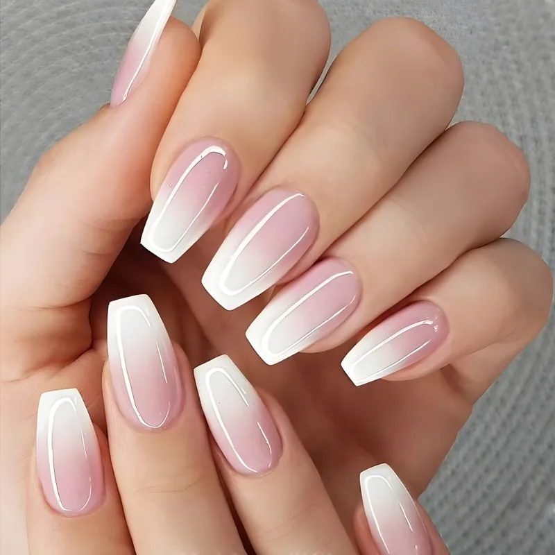 24pcs European and American Short Ballet Lotus Powder Gradient Fresh Wear Fake Nails Full Acrylic Removable Press on Nails Art