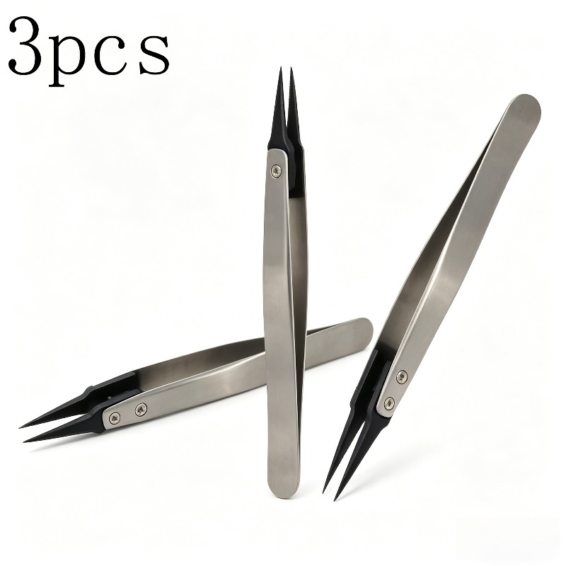 3pcs ESD Anti-Static Precision Tweezers, Replaceable Tip Stainless Steel Tweezers for Electronics Repair, Jewelry Making， DIY
