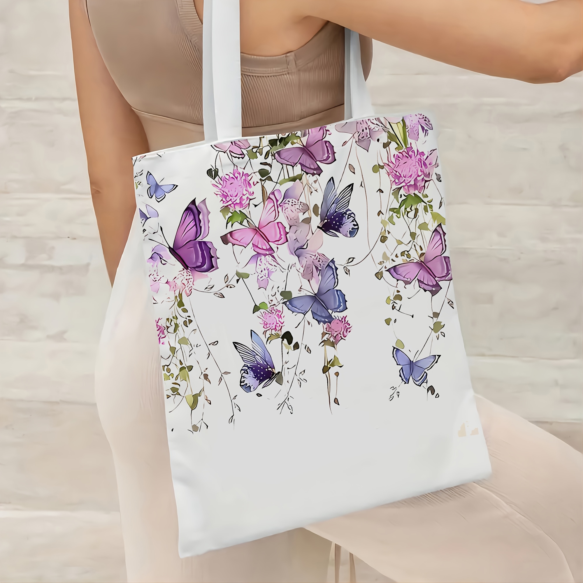 1pc Women'S Tote Bag with Butterfly and Flower Design - Lightweight, Foldable, Durable Shopping Bag for Libraries, Schools