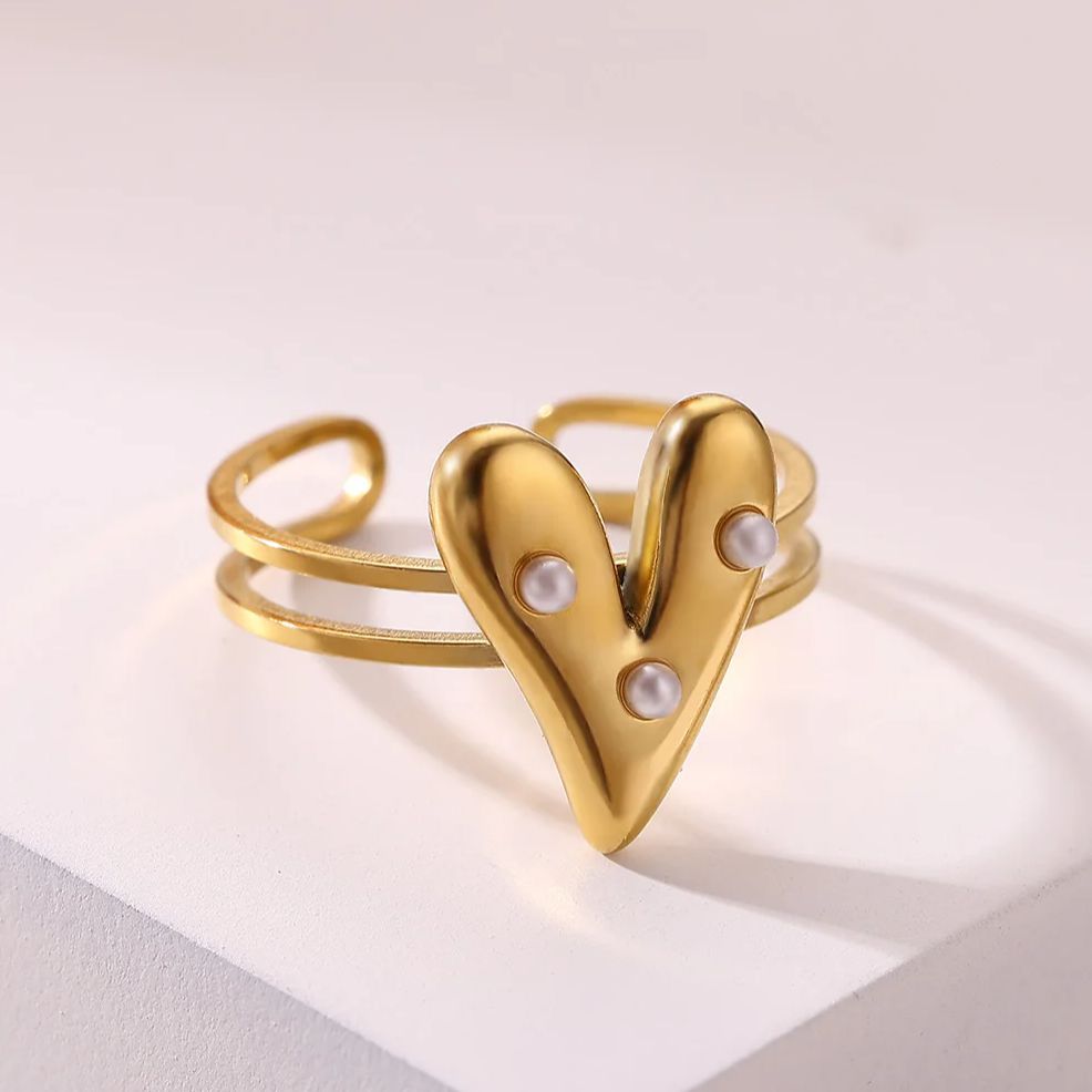 Romantic Pearl Heart Ring for Women 18K Gold Plated Stainless Steel Adjustable Heart Ring Anniversary Valentine Birthday Jewelry