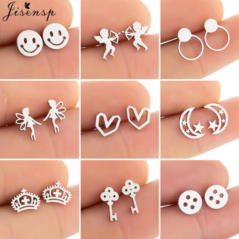 Funny Smiling Face Earrings for Women Jewelry Mini Stainless Steel Fashion Stud Earring Heart Fairy Key Crown Studs Pendientes