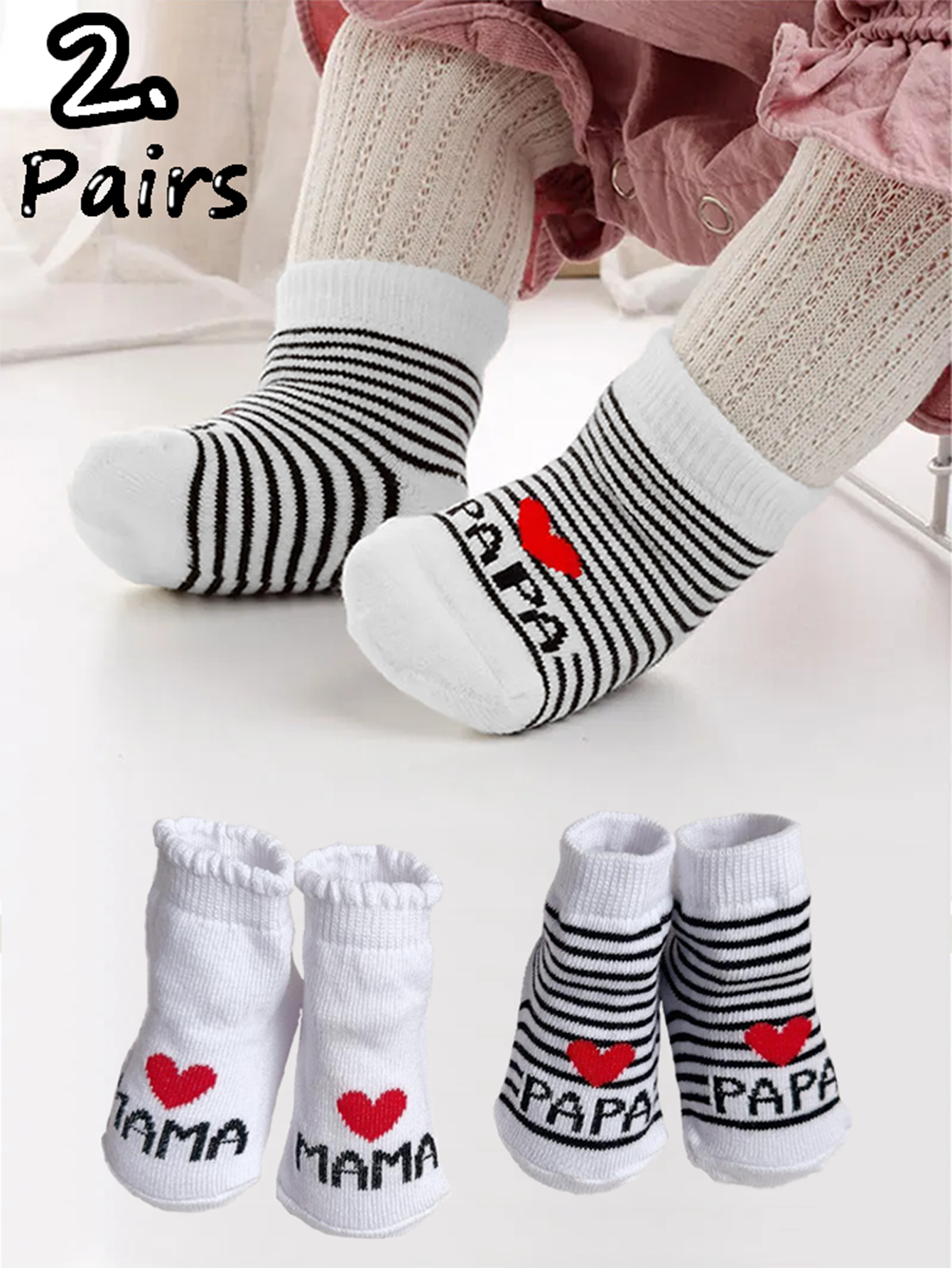 2 Pairs Newborn Baby Girls Boys Socks,White Cute Love Mama & Papa Soft Cotton Baby Socks Are Suitable for Newborns Daily Outfit