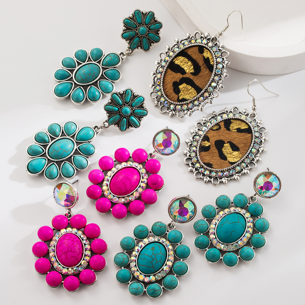 trendy new exaggerated earrings for women, inlaid with turquoise leopard print earrings, creative flower earrings