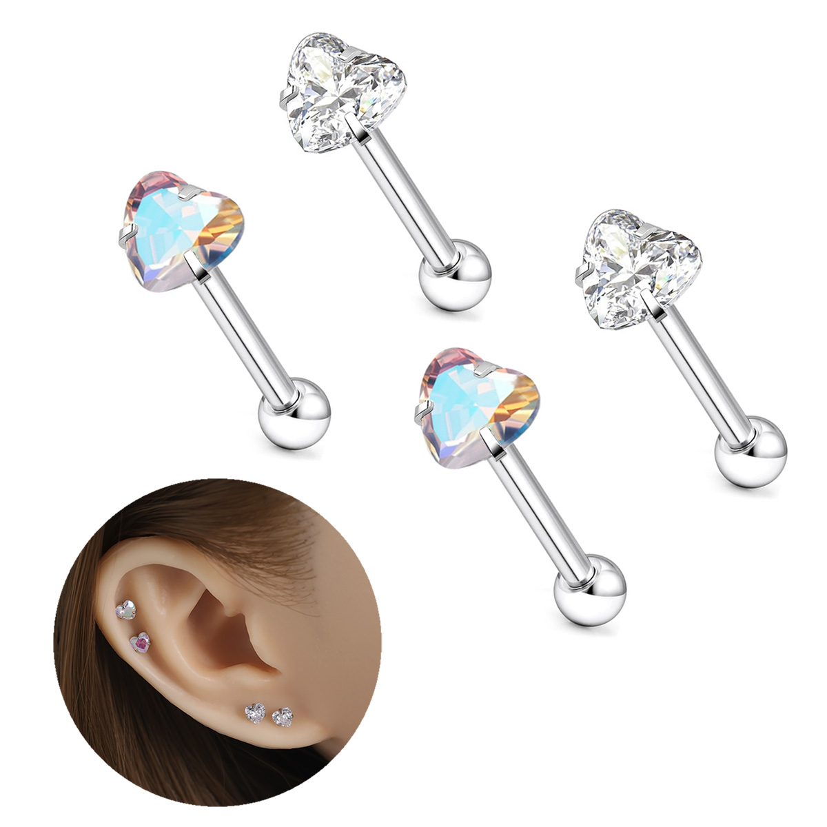 A PAIR OF 316L STAINLESS STEEL MINI PIERCING EARRINGS HEART SHAPED WITH CUBIC ZIRCONIA EAR CARTILAGE PIERCING JEWELRY FOR WOMEN