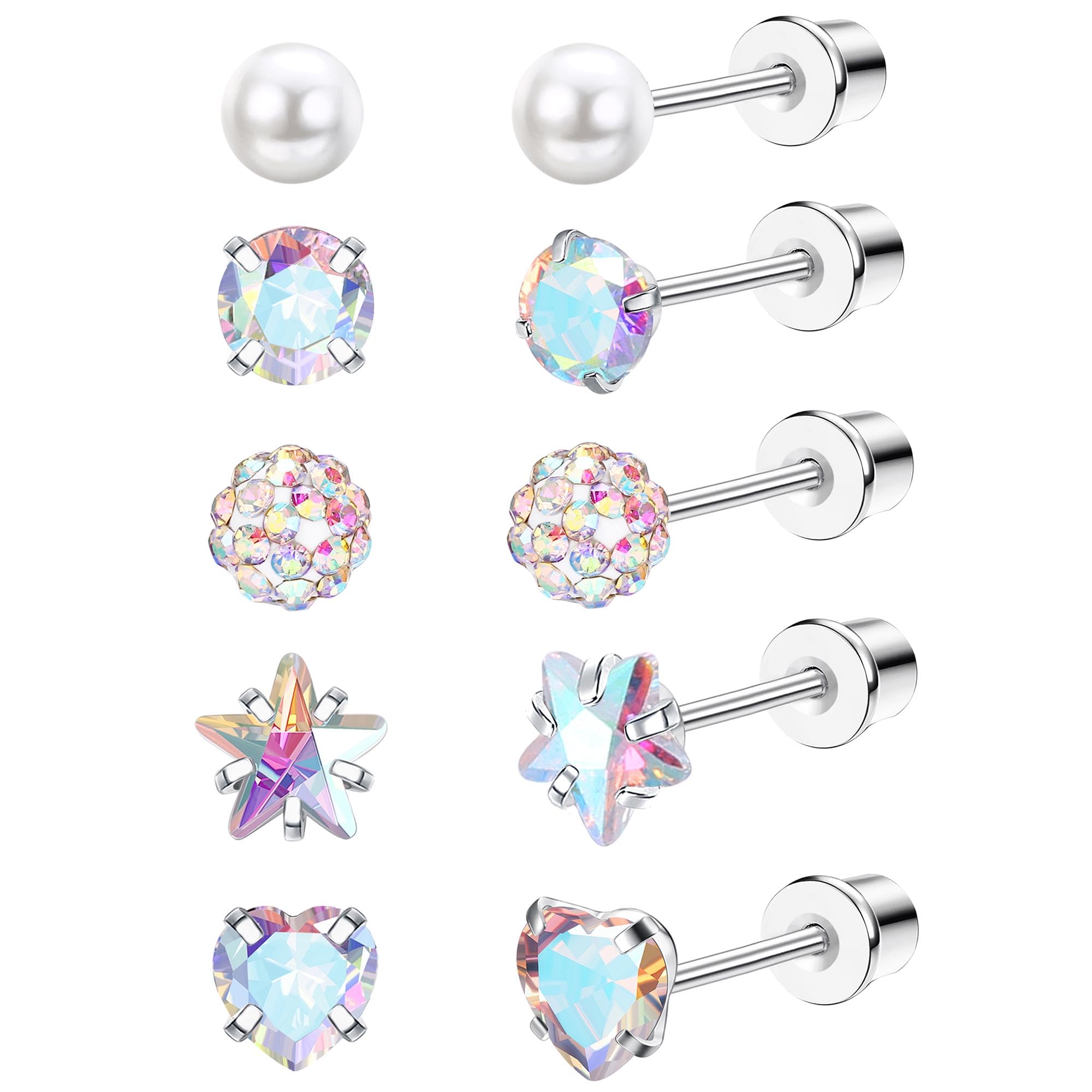 5 Pairs 316L Stainless Steel Screw Back Earrings Set for Women, 20G Hypoallergenic Stud Earrings for Sensitive Ear