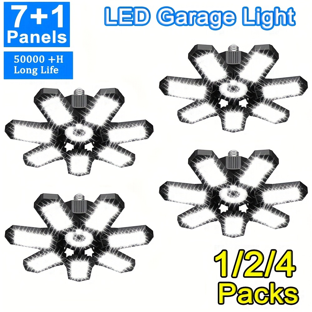1/2/4 Packs Deformable LED Garage Light 7+1 Adjustable Panels 6500K LED Bulb Shop Light for Basement Garage E26/E27 Ceiling Lamp